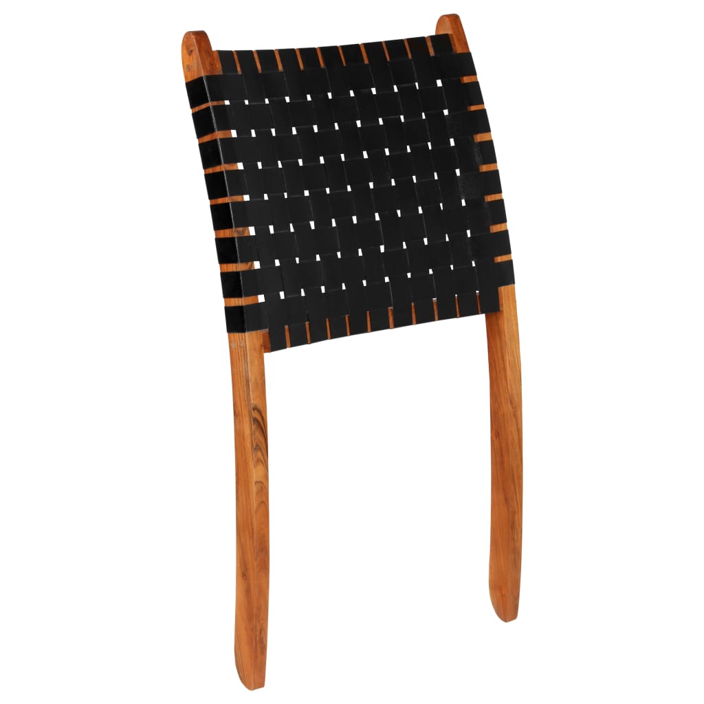 vidaXL Cadeira dobrável tiras cruzadas couro genuíno preto
