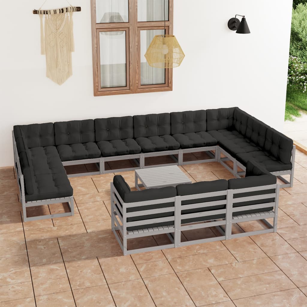 vidaXL 14 pcs conj. lounge de jardim + almofadões pinho maciço cinza