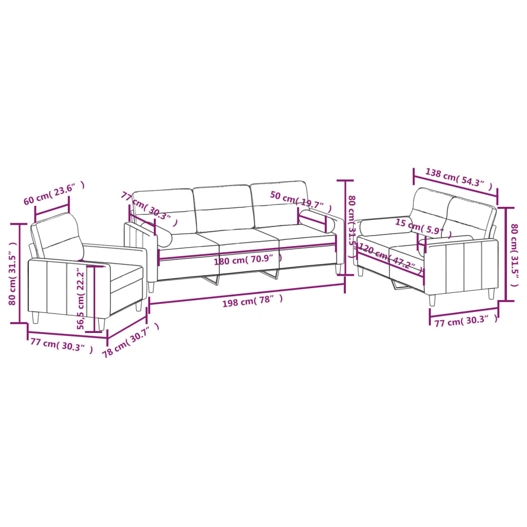 vidaXL 3 pcs conjunto de sofás c/ almofadões tecido cinza-claro