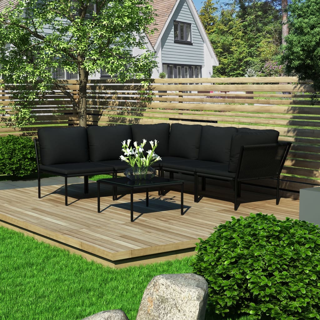 vidaXL 6 pcs conjunto lounge de jardim c/ almofadões PVC preto
