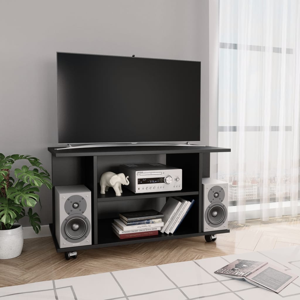 vidaXL Móvel de TV com rodas 80x40x45 cm deriv.madeira preto