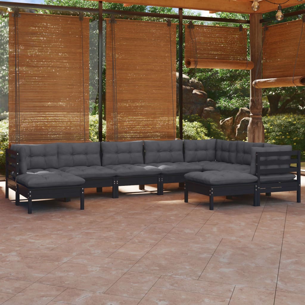 vidaXL 9 pcs conjunto lounge jardim c/ almofadões pinho maciço preto