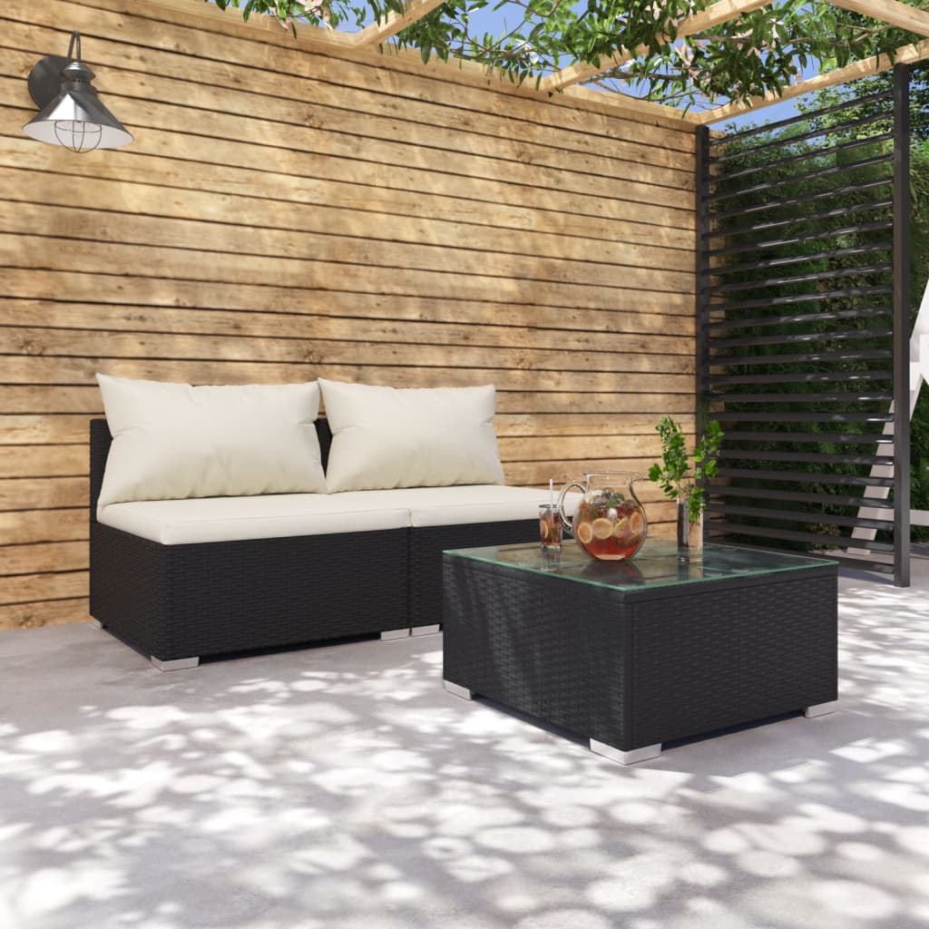 vidaXL 3 pcs conjunto lounge de jardim c/ almofadões vime PE preto