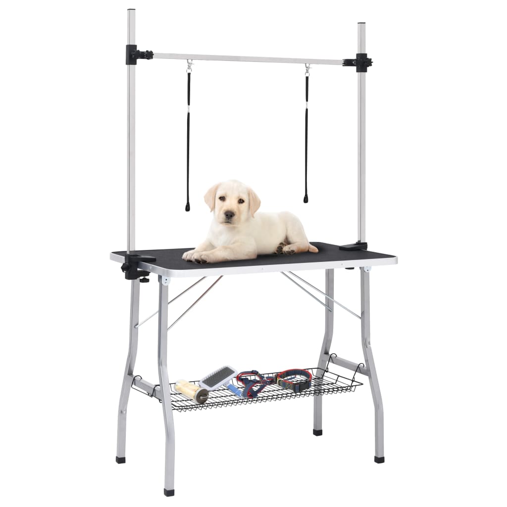 vidaXL Mesa de grooming ajustável para cães com 2 laços e cesto