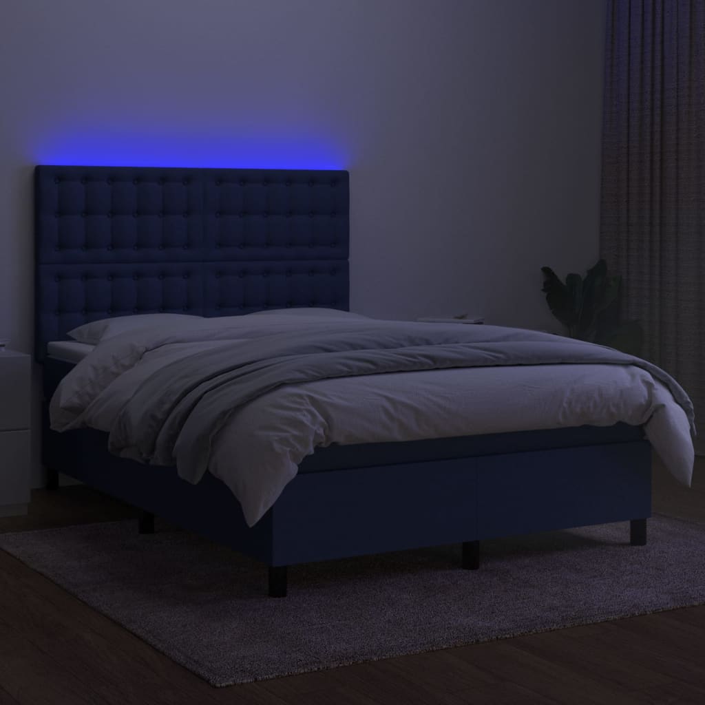 vidaXL Cama box spring c/ colchão e LED 140x190 cm tecido azul