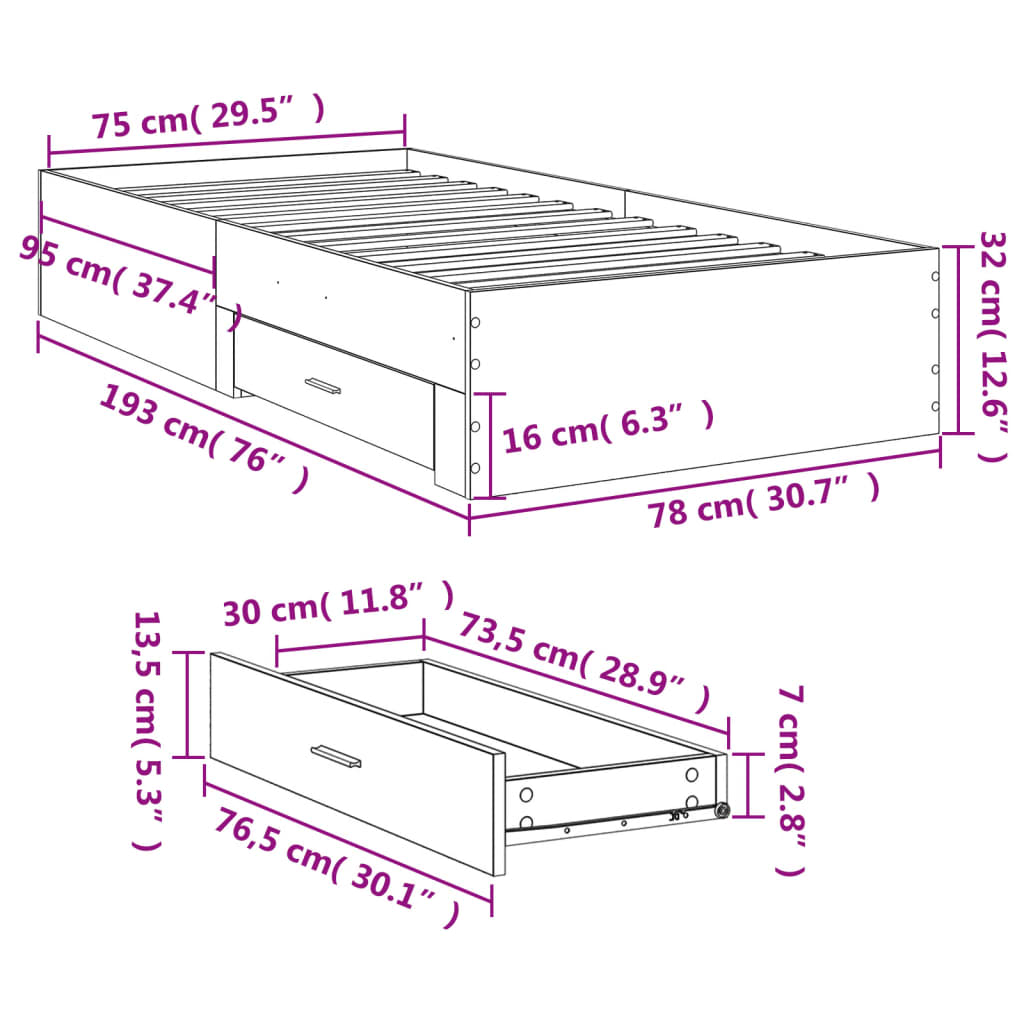 vidaXL Estrutura de cama c/ gavetas 180x200cm derivados madeira branco