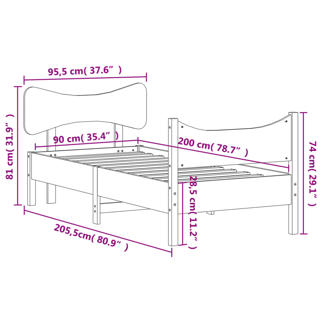 vidaXL Estrutura de cama com cabeceira 90x200 cm pinho maciço