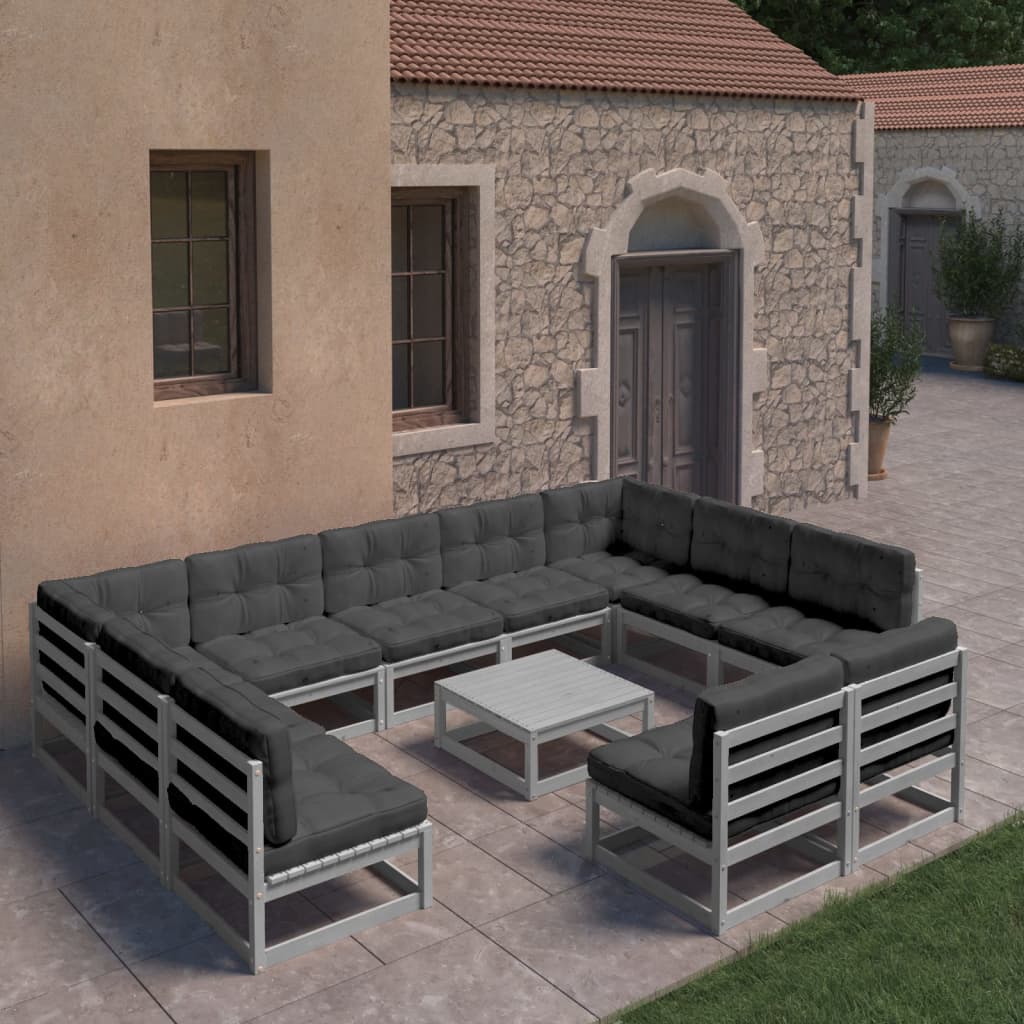 vidaXL 12pcs conjunto lounge de jardim + almofadões pinho maciço cinza
