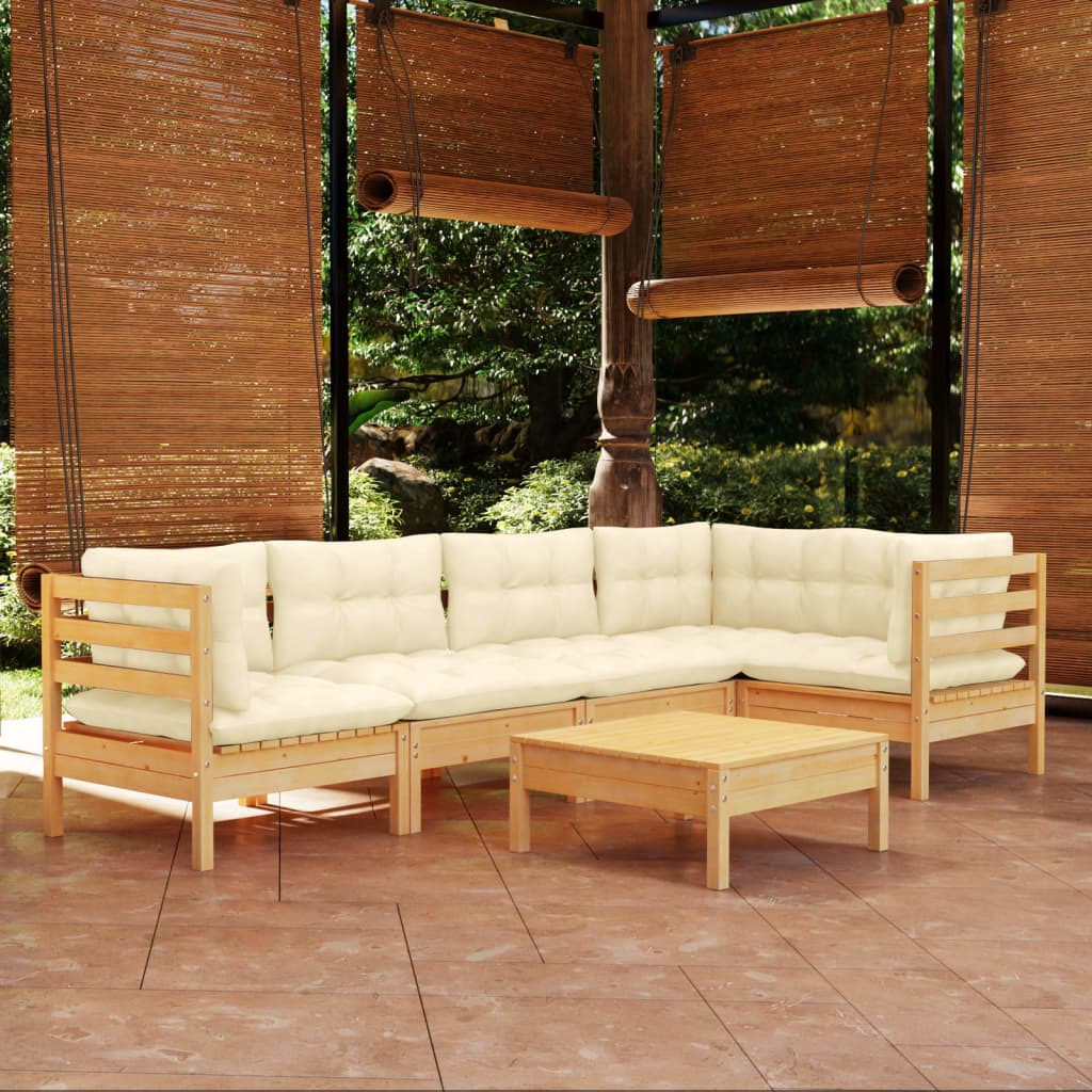 vidaXL 6 pcs conjunto lounge de jardim c/ almofadões cor creme pinho