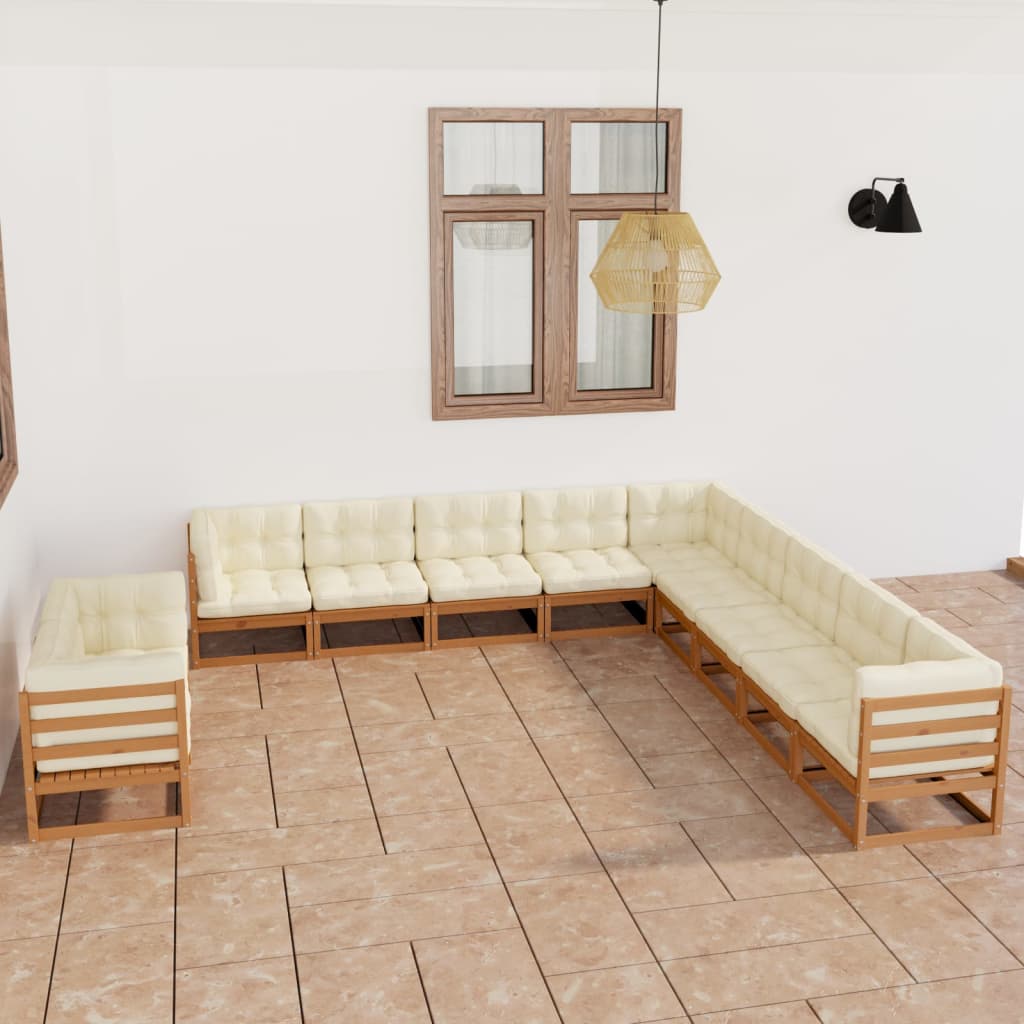 vidaXL 11pcs conj. lounge jardim almofadões pinho maciço castanho mel