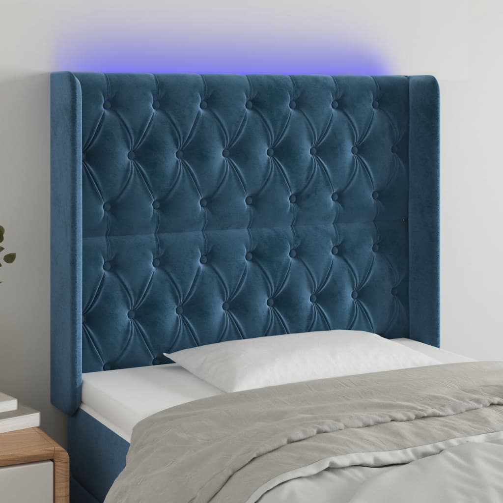 vidaXL Cabeceira cama c/ luzes LED veludo 93x16x118/128 cm azul-escuro