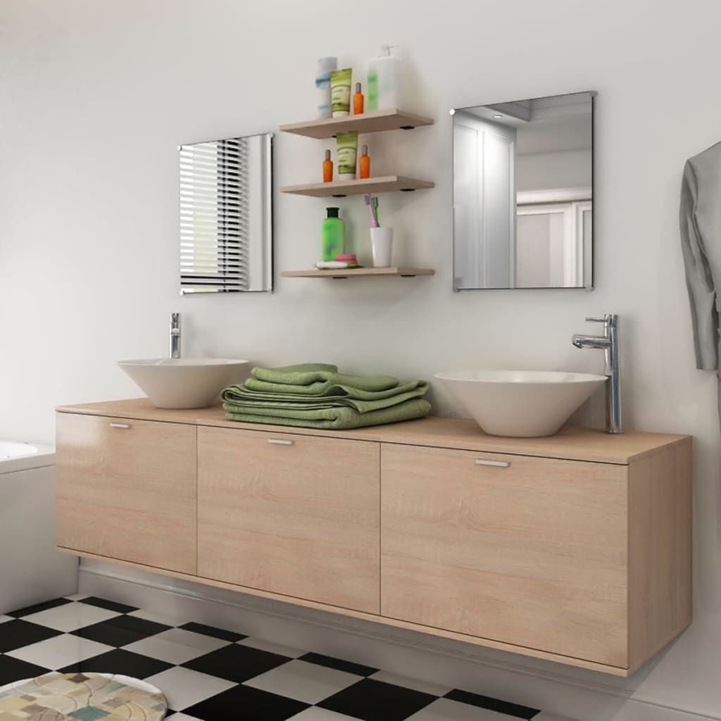 vidaXL Conjunto móveis casa de banho 10 pcs com bacia e torneira bege