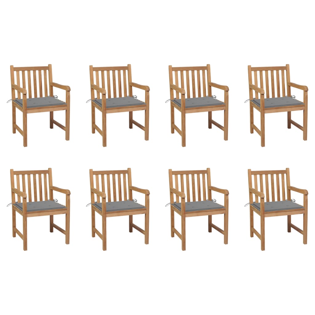 vidaXL Cadeiras de jardim c/ almofadões cinzento 8 pcs teca maciça