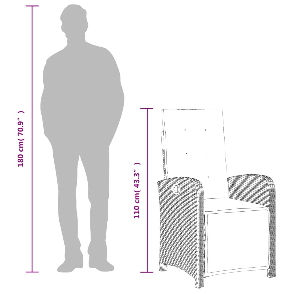 vidaXL Cadeira jardim reclinável c/ apoio para pés vime PE cinza claro