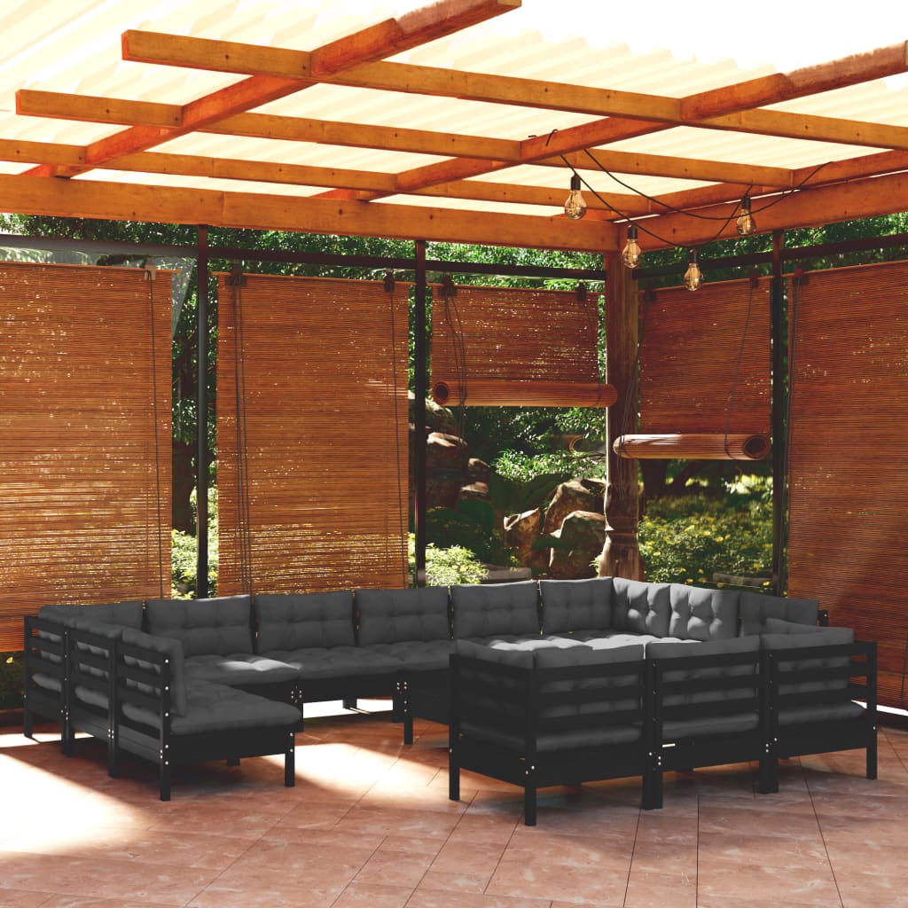 vidaXL 14 pcs conjunto lounge de jardim c/ almofadões pinho preto
