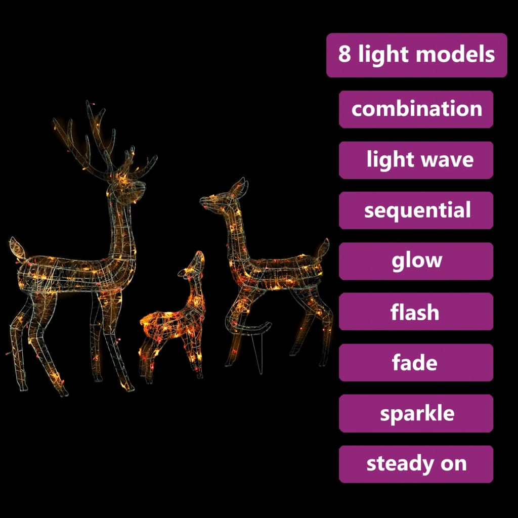 vidaXL Família de renas decorativa 300 luzes LED coloridas acrílico