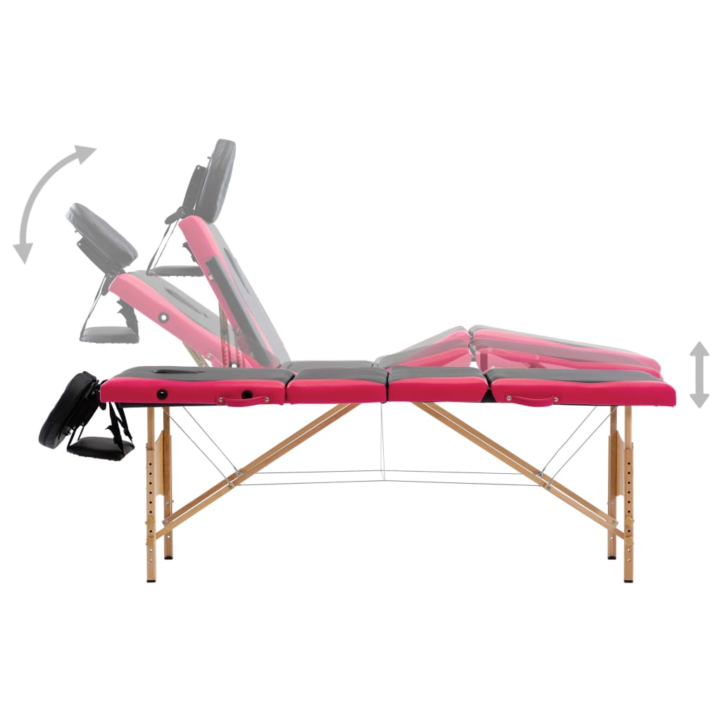 vidaXL Mesa de massagens dobrável 4 zonas madeira preto e rosa