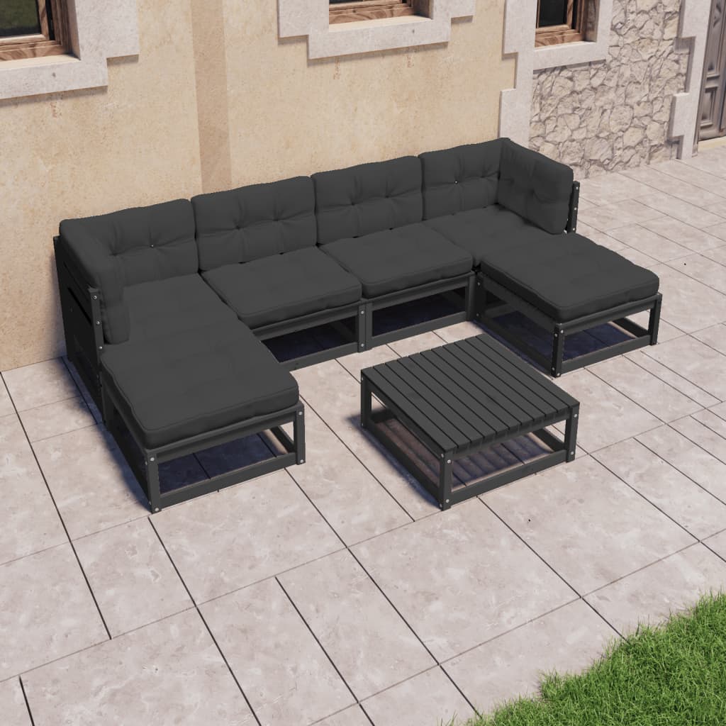 vidaXL 7pcs conjunto lounge de jardim c/ almofadões pinho maciço preto