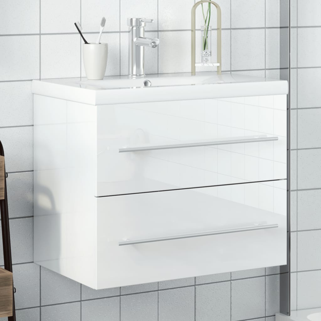vidaXL Armário de casa de banho c/ lavatório embutido branco brilhante