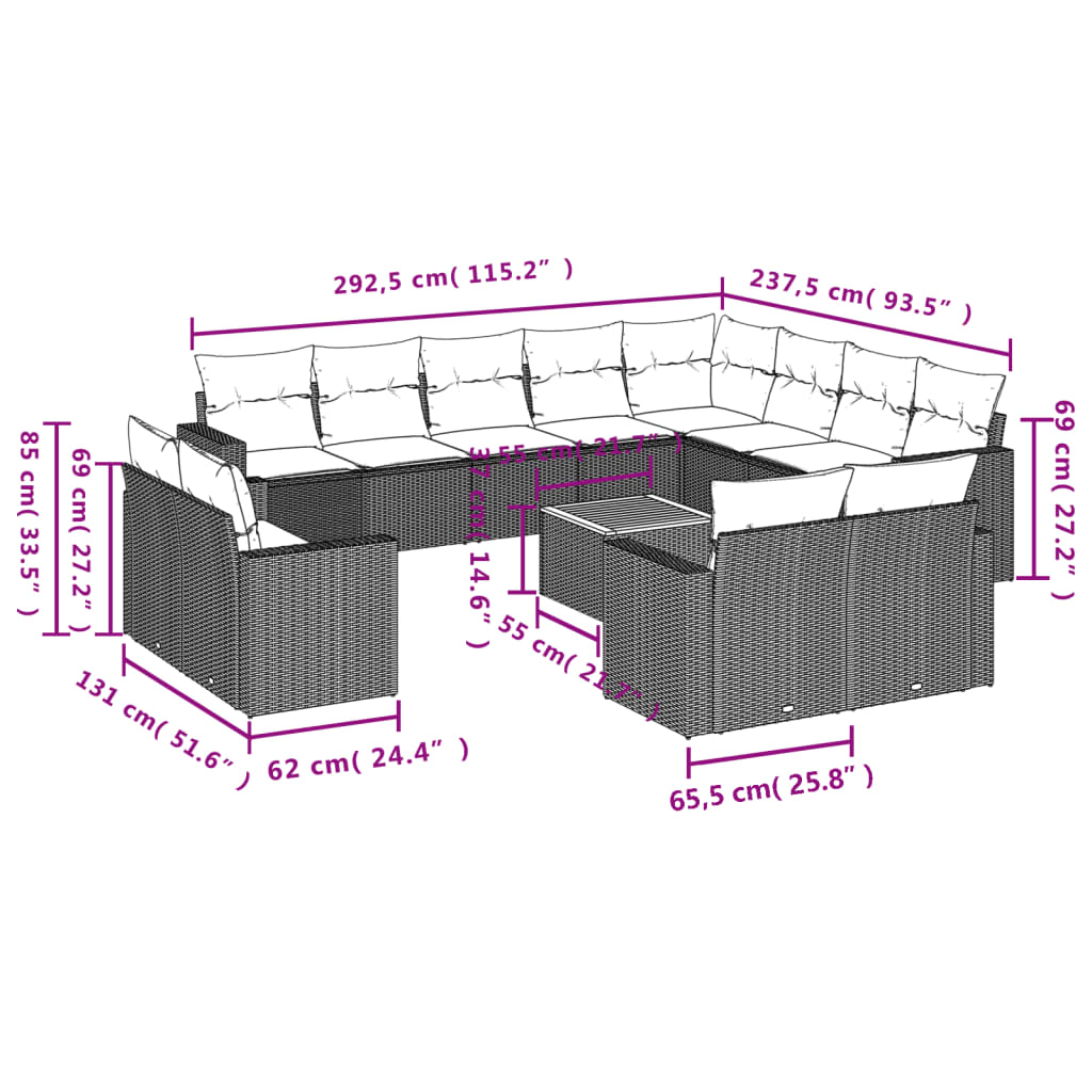 vidaXL 13 pcs conjunto de sofás p/ jardim com almofadões vime PE bege