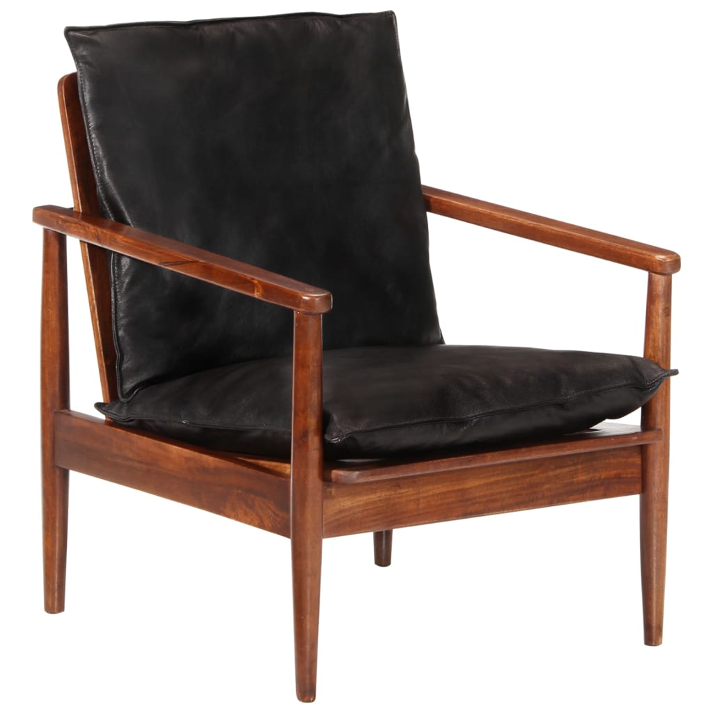 vidaXL Cadeira c/ apoio braços couro genuíno e acácia maciça preto
