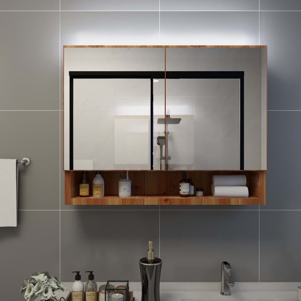 vidaXL Armário espelhado casa banho com LED 80x15x60 cm MDF carvalho
