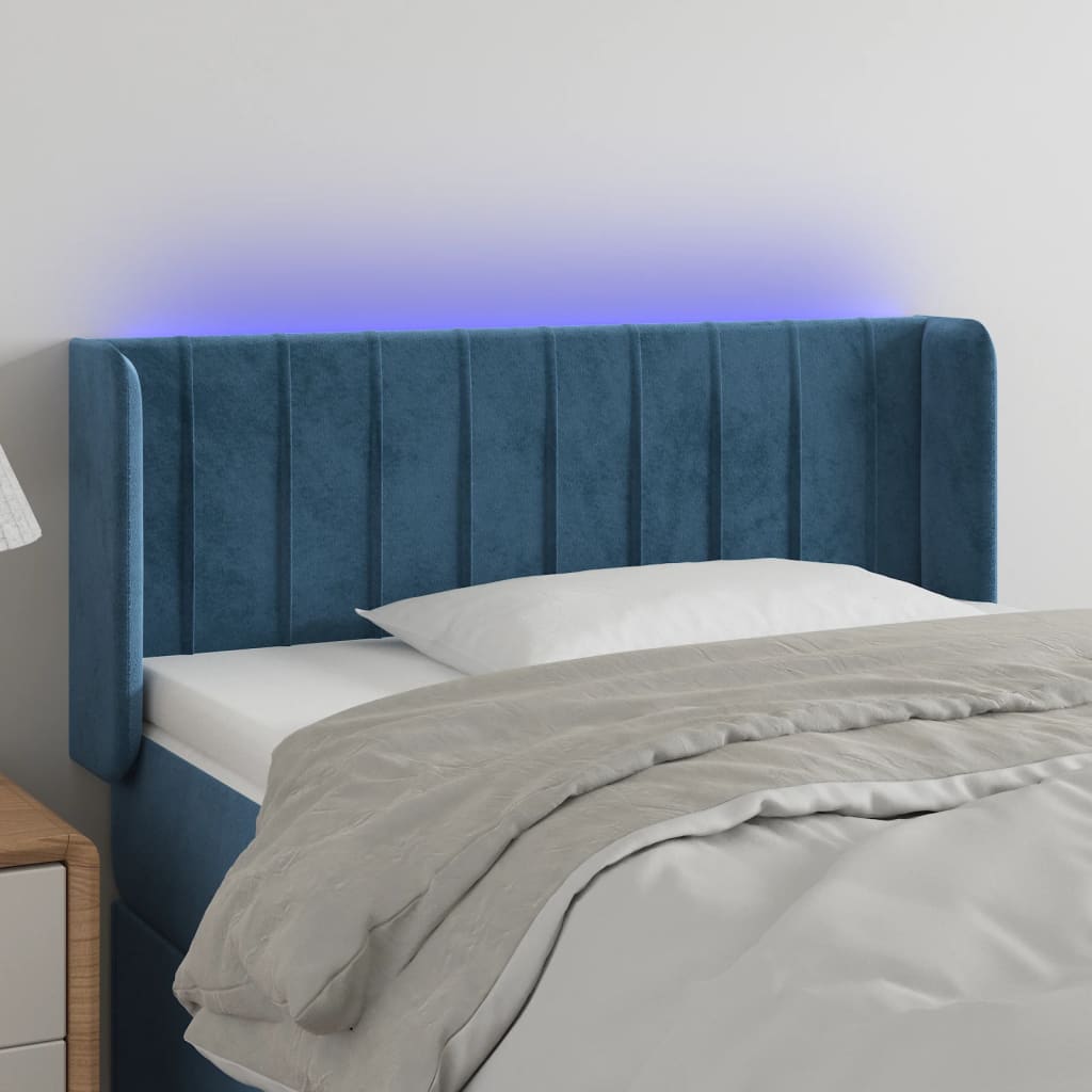 vidaXL Cabeceira de cama c/ luzes LED veludo 93x16x78/88cm azul-escuro