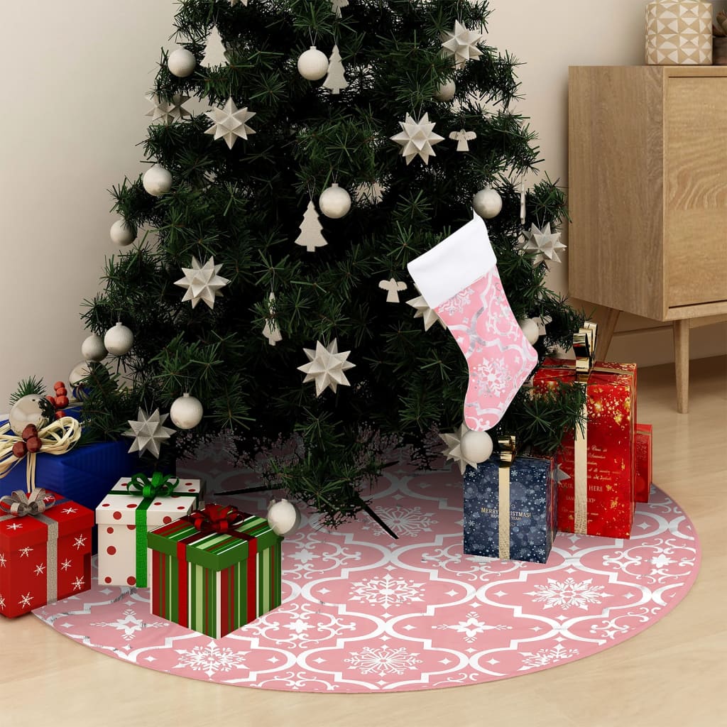 vidaXL Saia de árvore de Natal luxuosa 90 cm com meia tecido rosa