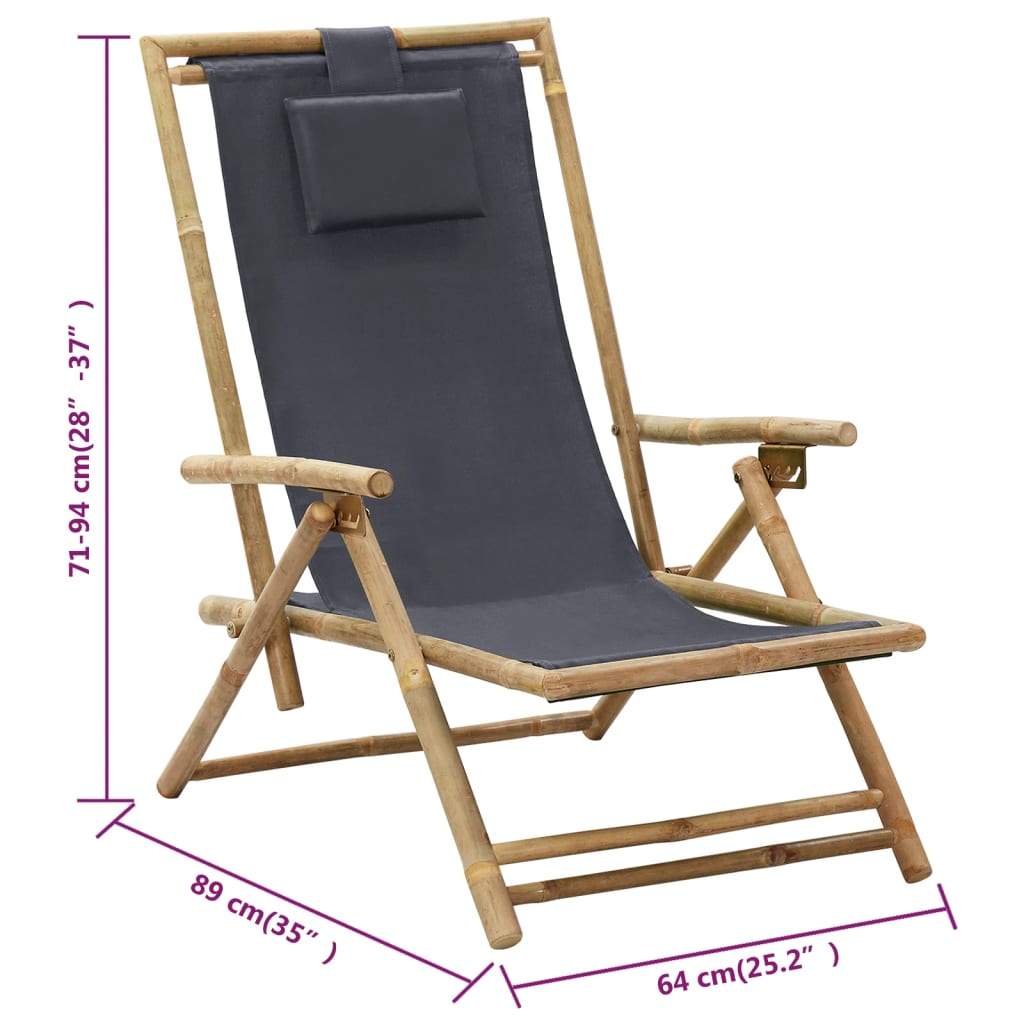 vidaXL Cadeira de descanso reclinável bambu e tecido cinzento-escuro