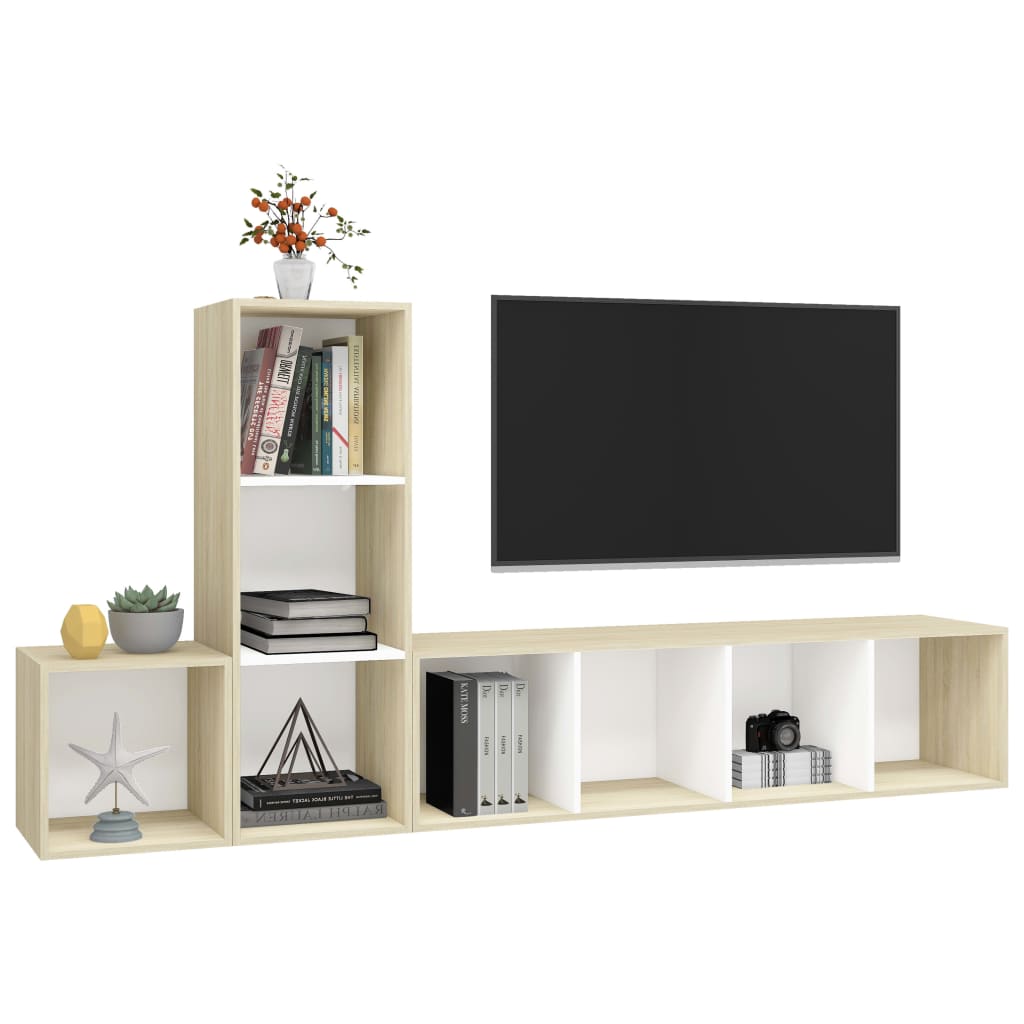 vidaXL 3 pcs conjunto móveis de TV contraplacado branco e carv. sonoma