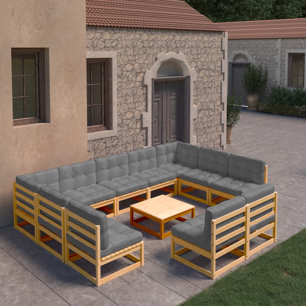 vidaXL 10 pcs conjunto lounge de jardim c/ almofadões pinho maciço