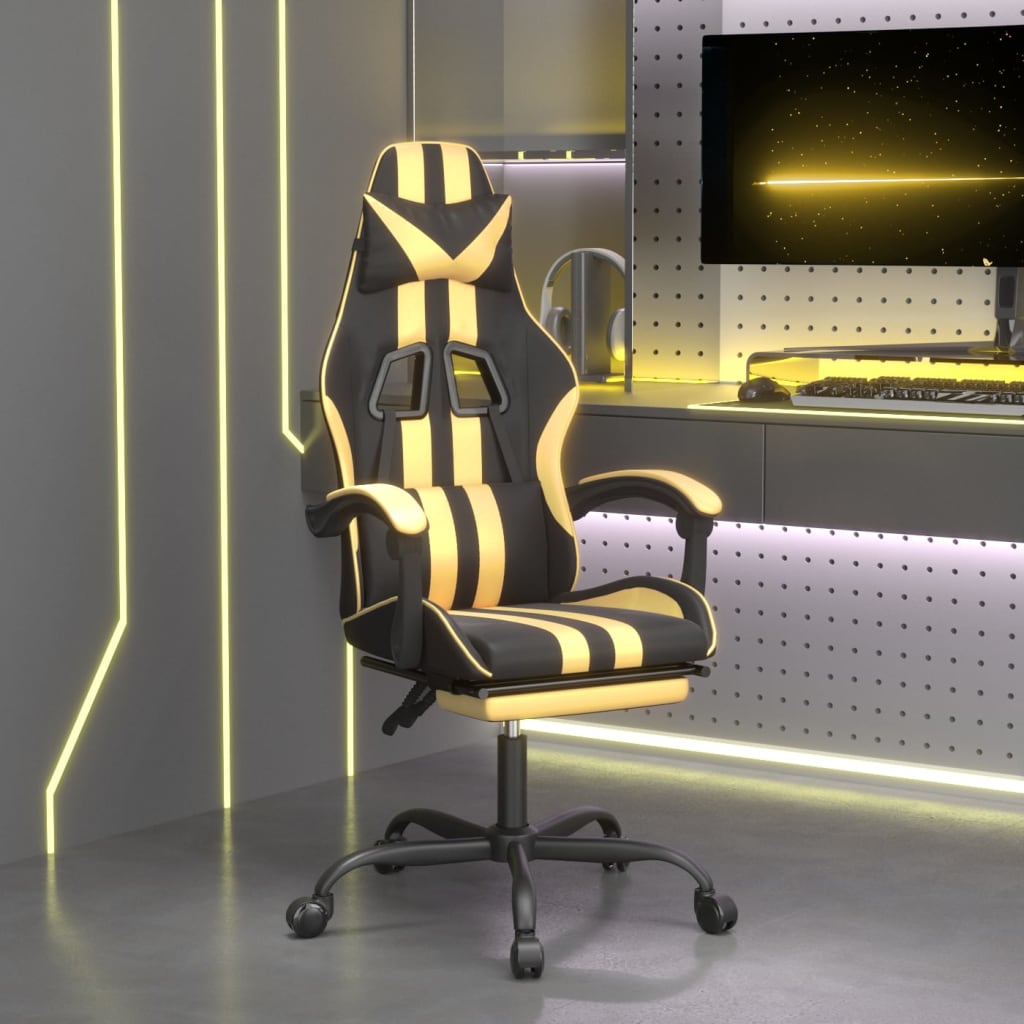 vidaXL Cadeira gaming c/ apoio pés couro artificial preto e dourado