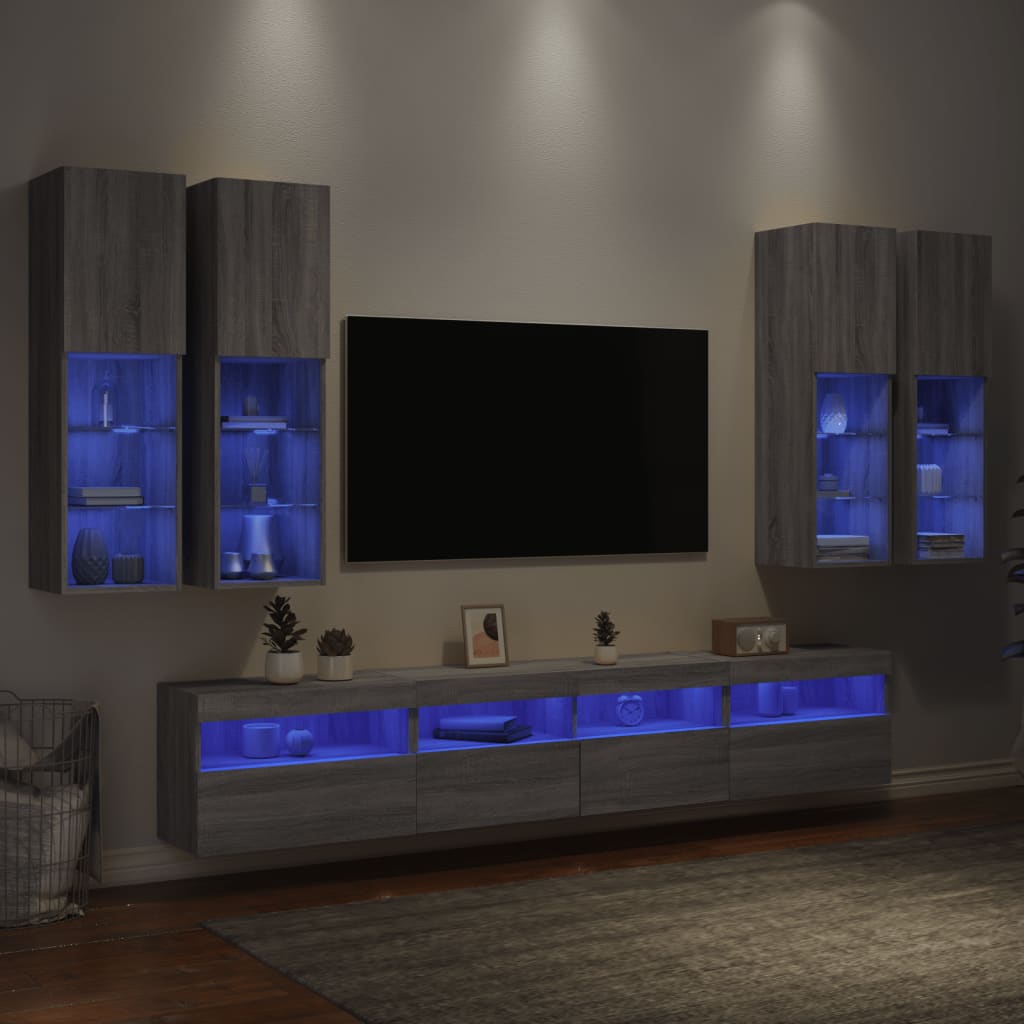 vidaXL 7 pcs conj. móveis de parede p/ TV c/ luzes LED cinzento sonoma