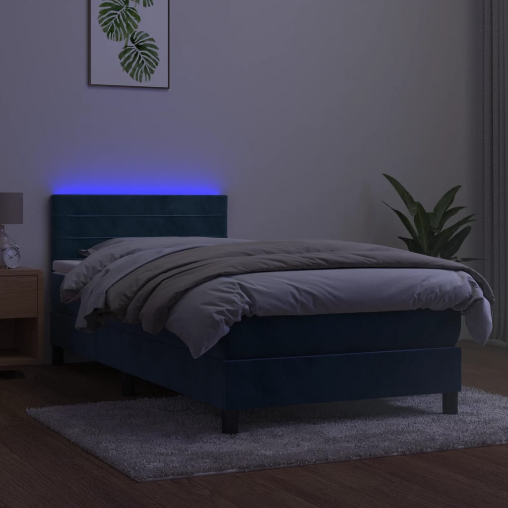 vidaXL Cama box spring c/ colchão/LED 100x200 cm veludo azul-escuro
