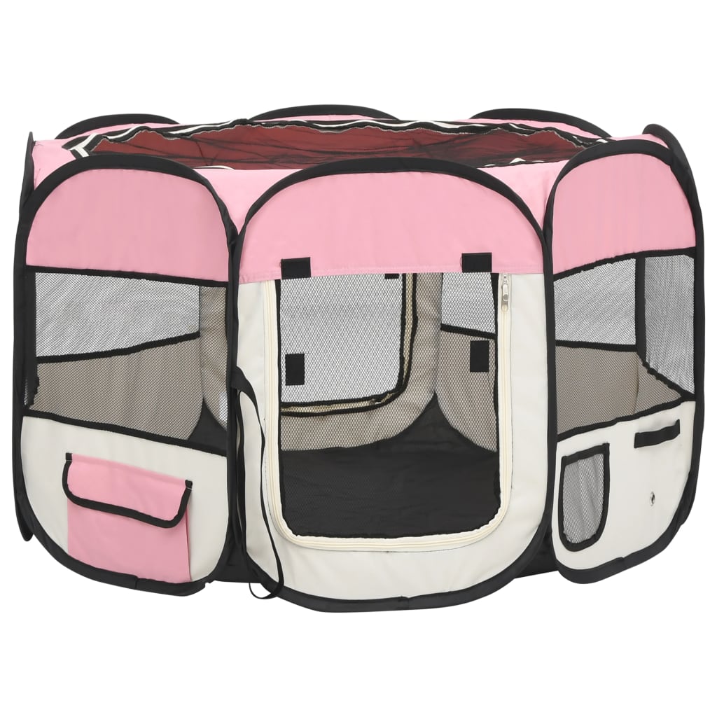 vidaXL Parque dobrável p/ cão c/ saco de transporte 90x90x58 cm rosa
