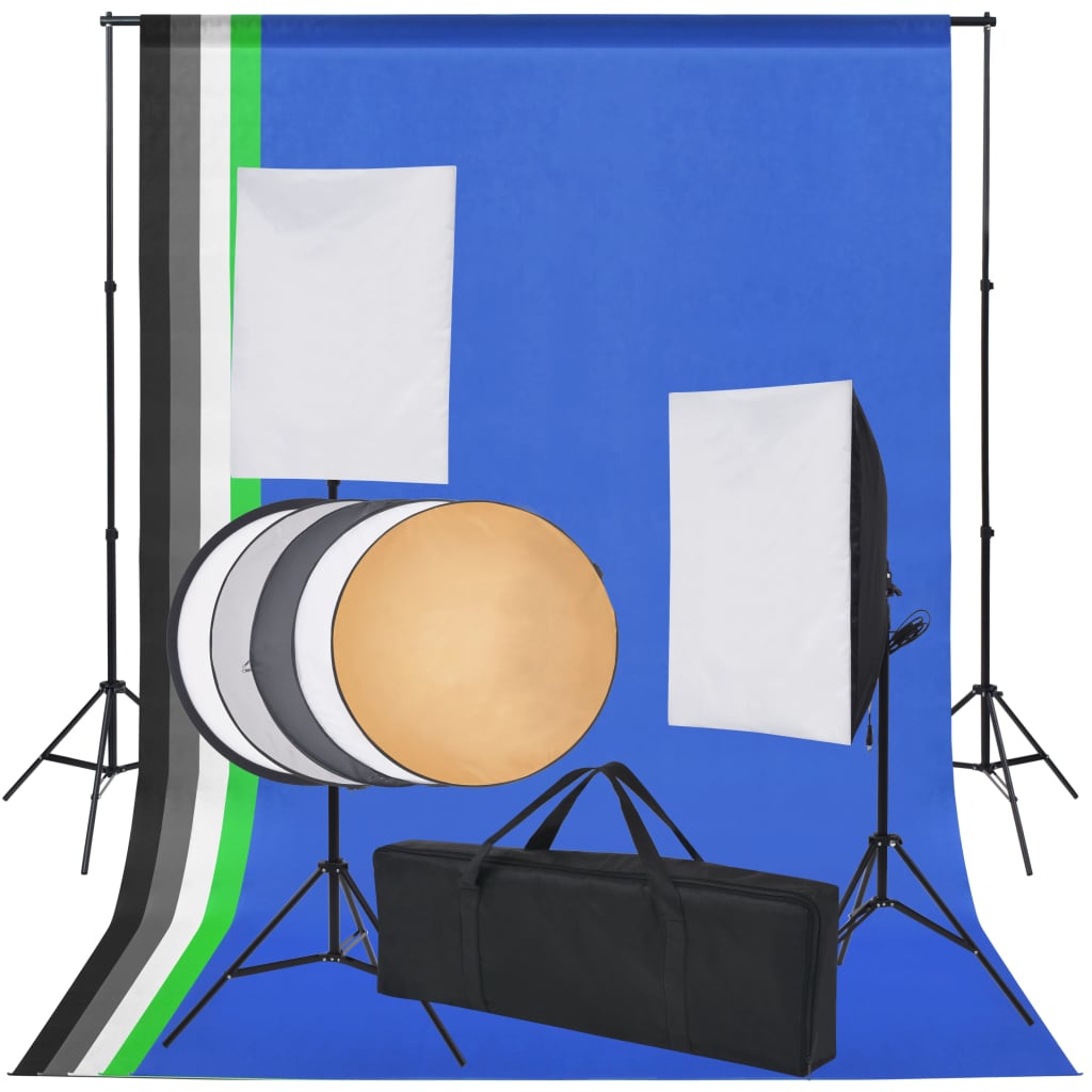 vidaXL Kit estúdio fotográfico c/ 5 fundos coloridos e 2 softboxes