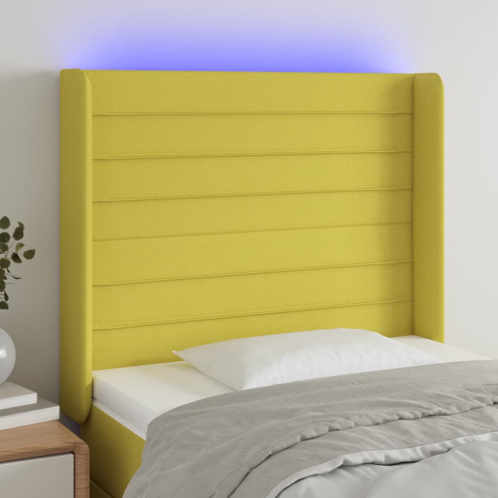 vidaXL Cabeceira de cama c/ luzes LED tecido 103x16x118/128 cm verde