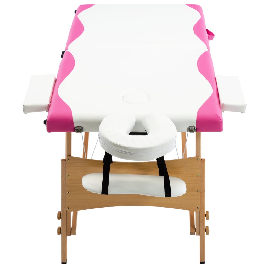 vidaXL Mesa de massagens dobrável 2 zonas madeira branco e rosa