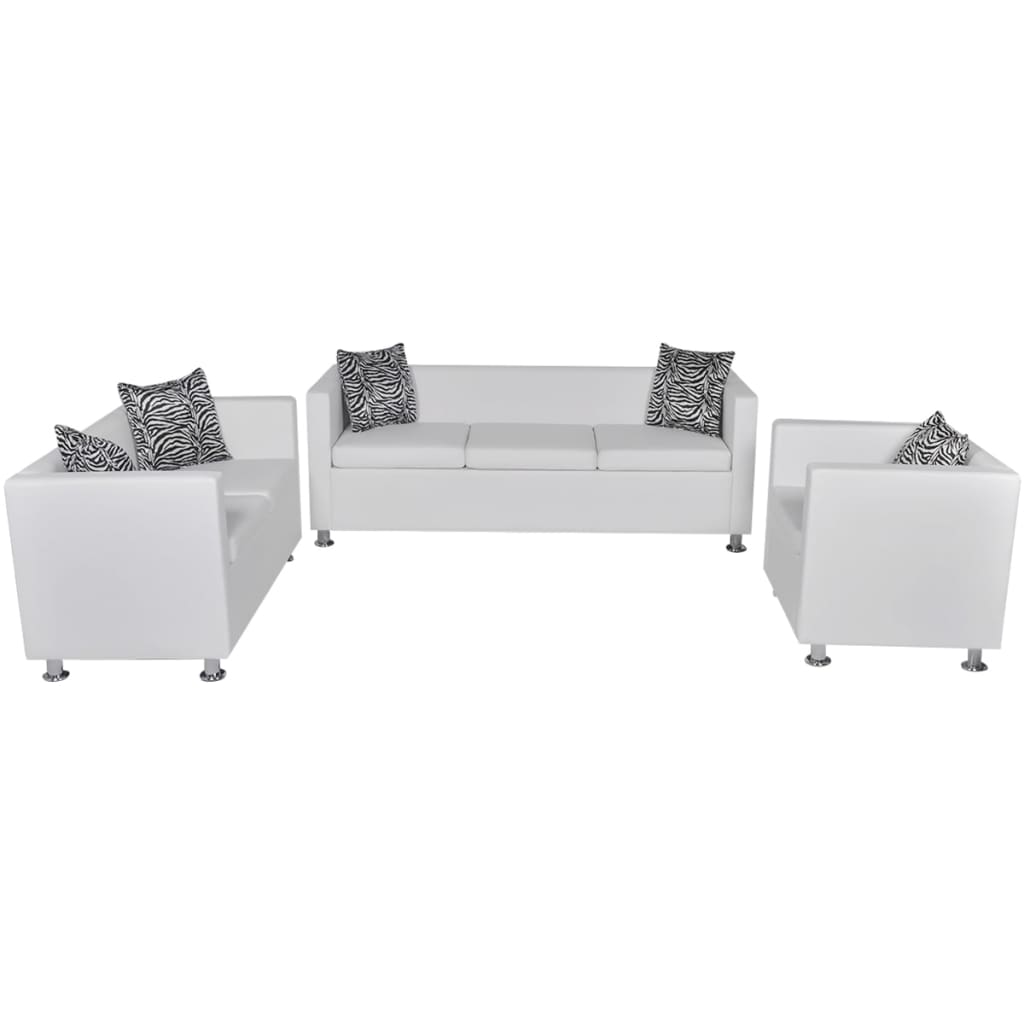 vidaXL Conjunto sofás de 2 e 3 lugares + poltrona couro artif. branco