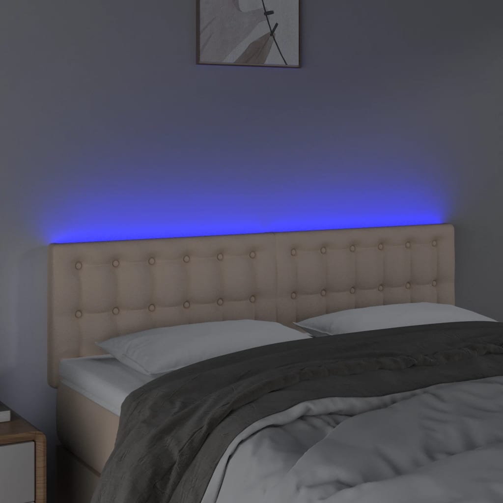 vidaXL Cabeceira cama c/ LED couro artificial 144x5x78/88cm cappuccino