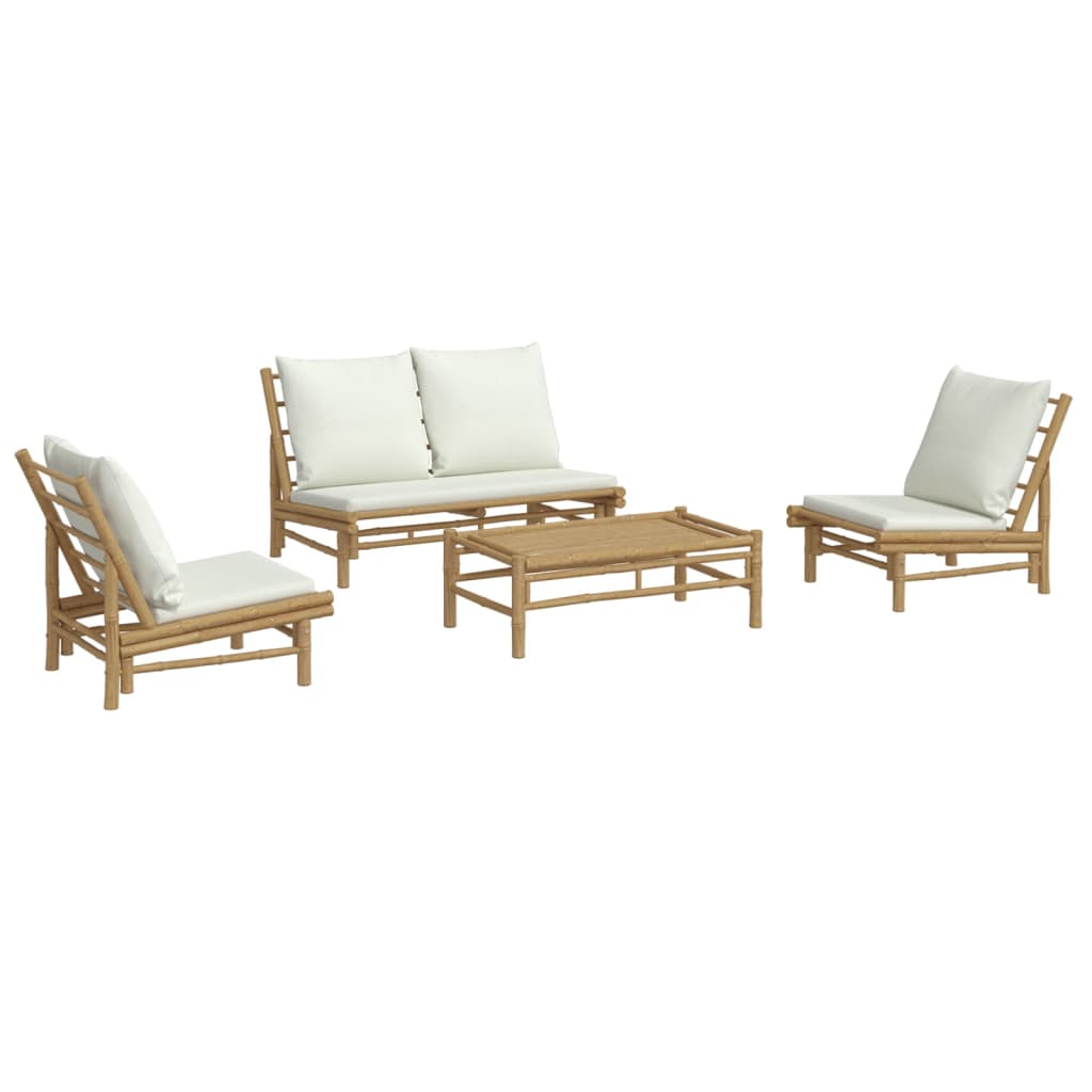 vidaXL 4 pcs conjunto lounge de jardim bambu c/ almofadões branco nata