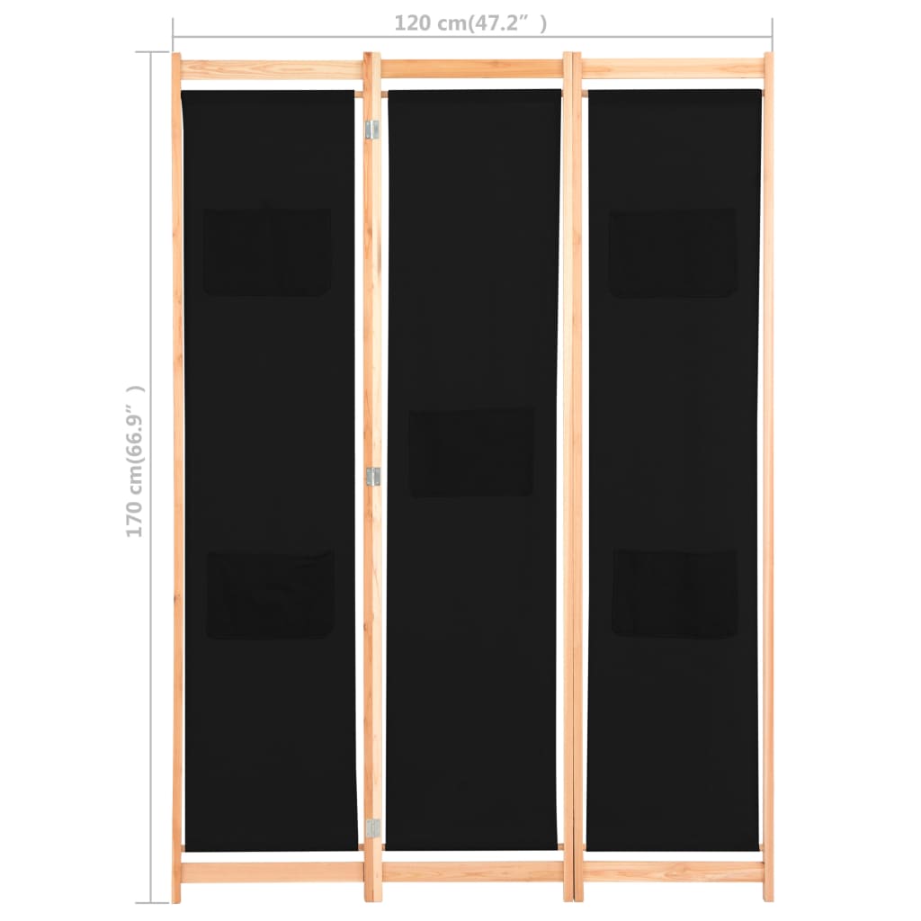 vidaXL Divisória de quarto com 3 painéis 120x170x4 cm tecido preto
