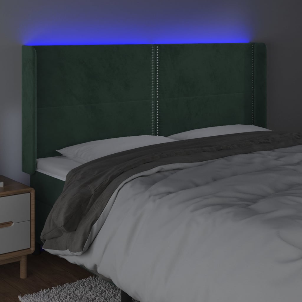 vidaXL Cabeceira de cama c/ LED veludo 203x16x118/128 cm verde-escuro