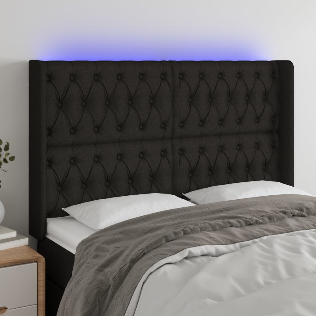 vidaXL Cabeceira de cama c/ luzes LED tecido 147x16x118/128 cm preto
