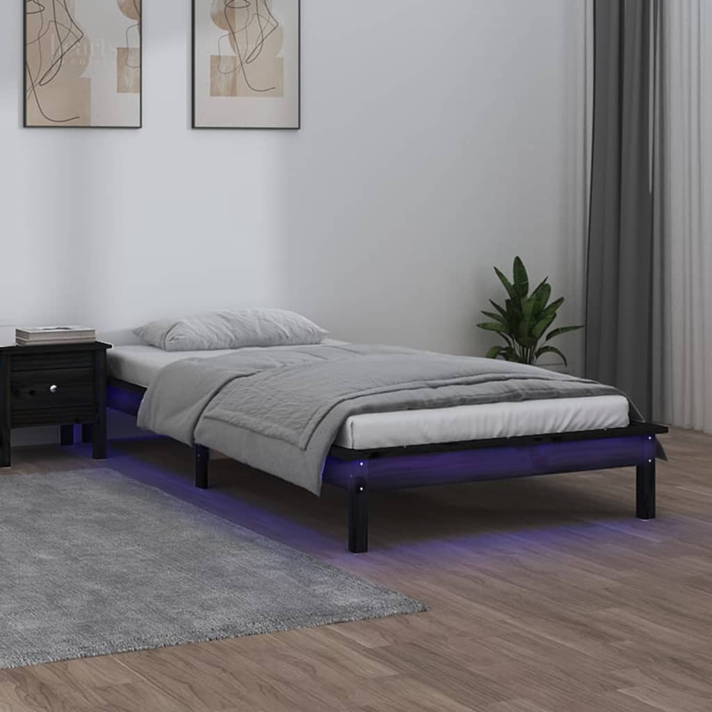 vidaXL Estrutura de cama c/ luzes LED 90x200 cm madeira maciça preto