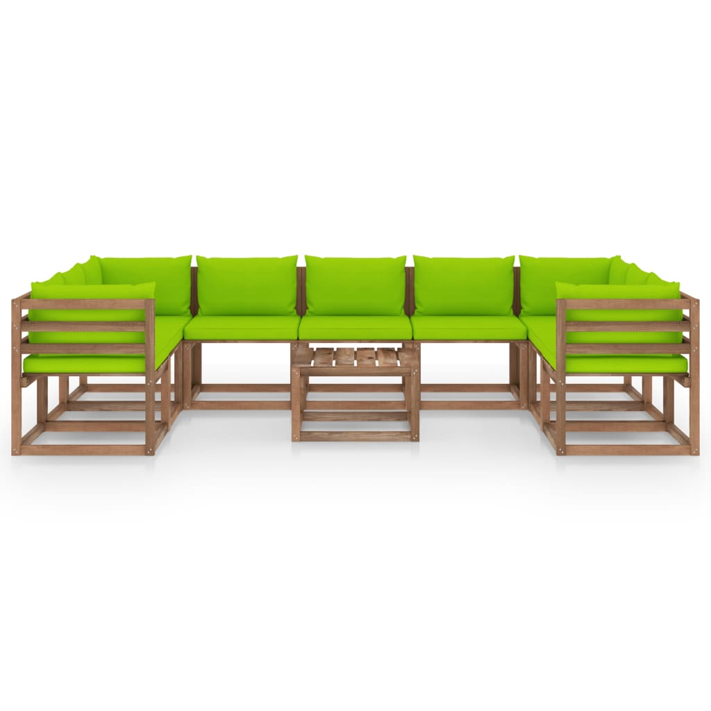 vidaXL 10 pcs conjunto lounge de jardim c/ almofadões verde brilhante