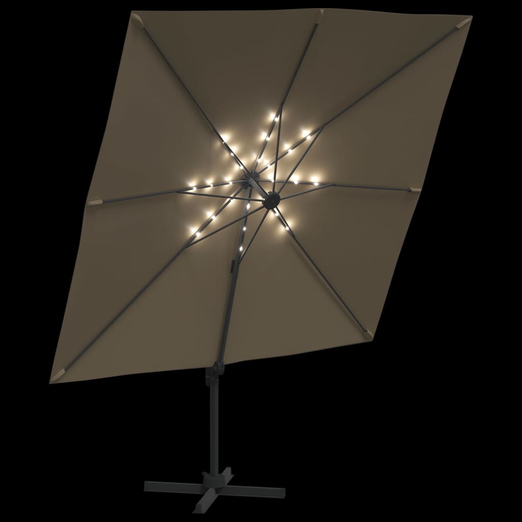vidaXL Guarda-sol cantilever c/ LEDs 400x300 cm cinza-acastanhado