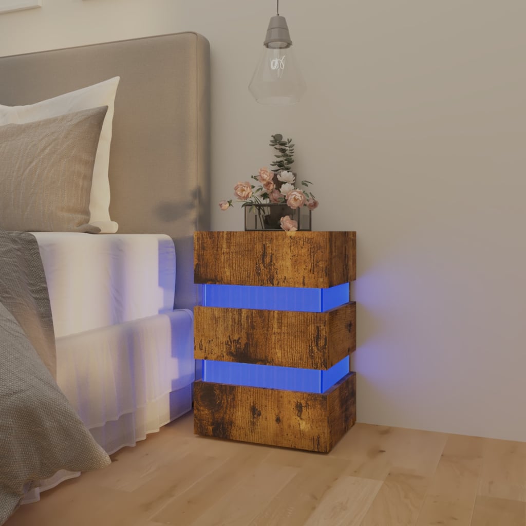 vidaXL Mesa de cabeceira c/ LEDs derivados de madeira carvalho fumado