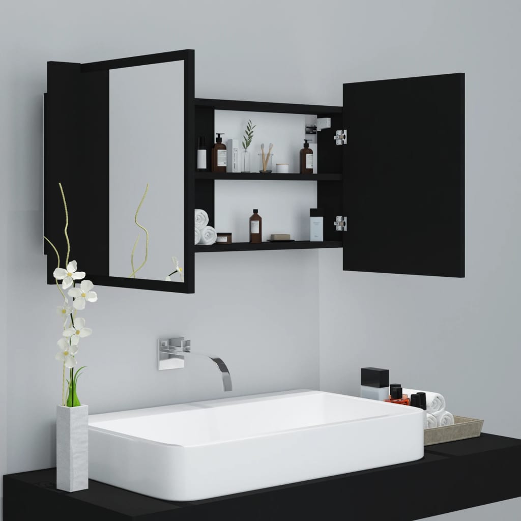 vidaXL Armário espelhado casa de banho LED 90x12x45 cm acrílico preto