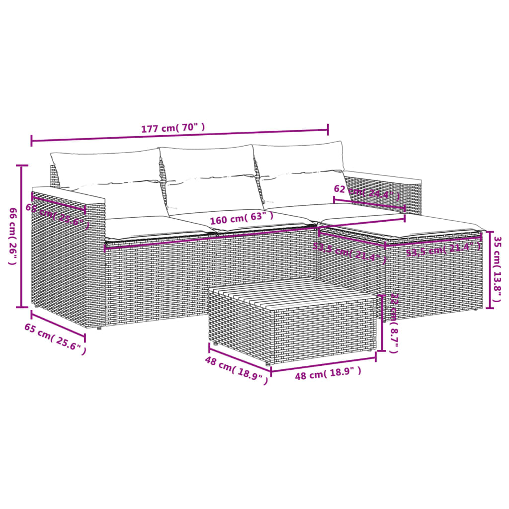 vidaXL 5 pcs conjunto sofás de jardim c/ almofadões acácia e vime PE